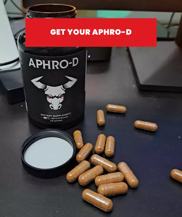 This image depicts the author’s Aphro-D bottle opened, and a couple of pills spilled on the desk. Also, we see a button-like super laid on top and written on it: 