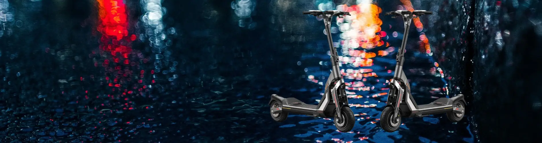 An image that depicts a wet street under the rain with two Segway SuperScooter GT1 electric scooters in the foreground.