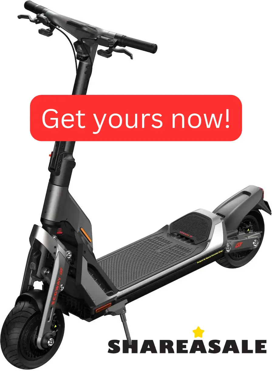 We see an image that depicts an electric scooter, i.e. the Segway SuperScooter GT1. A button-styled box is on the image. On it is written, 