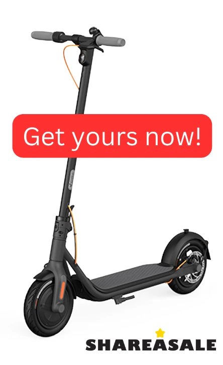 We see an image that depicts an electric scooter, i.e. the Ninebot eKickScooter F30. A button-styled box is on the image. On it is written, 