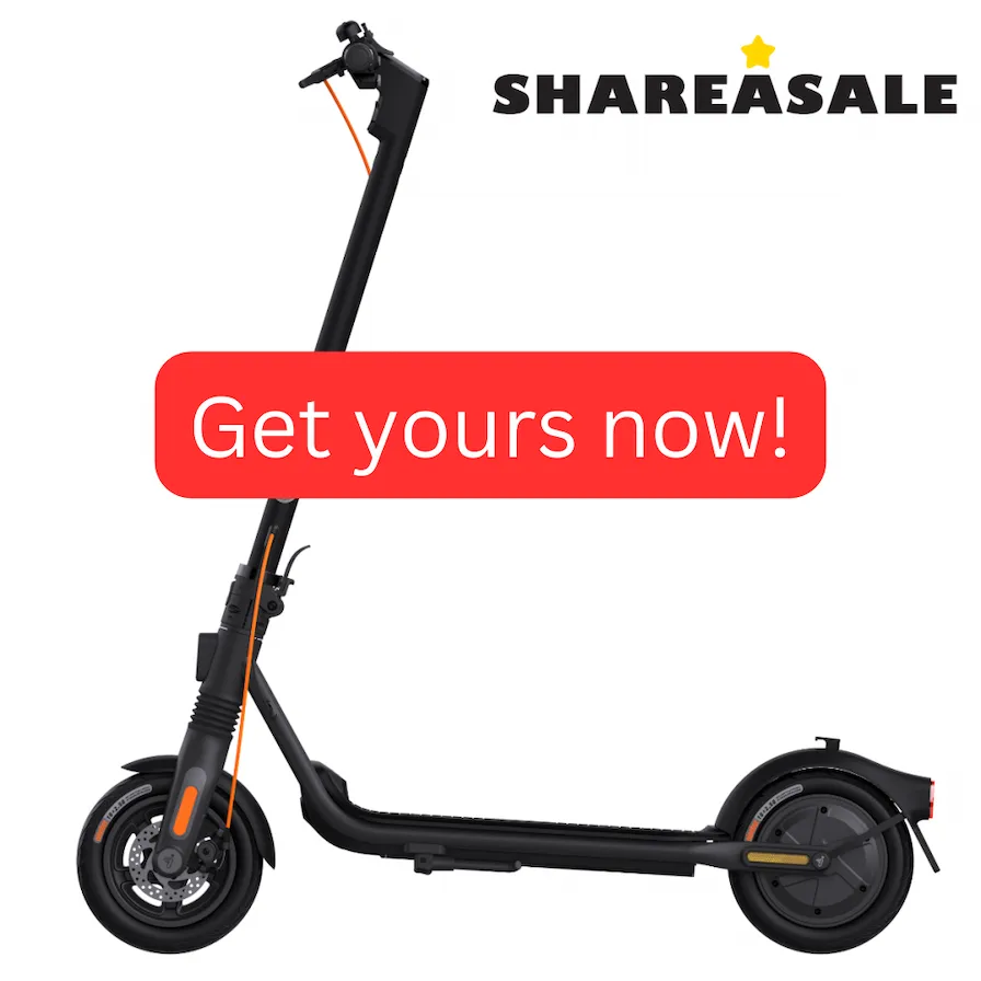 We see an image that depicts an electric scooter, i.e. the Ninebot Kickscooter F2 Pro. A button-styled box is on the image. On it is written, 