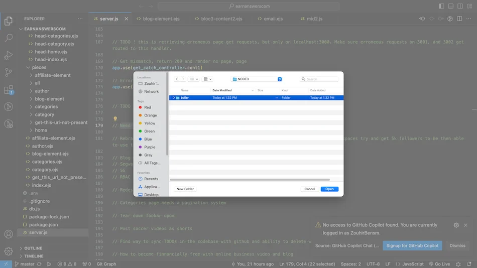Image montrant l'éditeur de texte VS Code avec une fenêtre «Finder» ouvert au-dessus.
