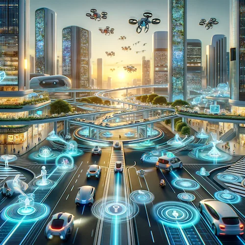 Voici une image illustrant un système de transport intelligent dans une ville futuriste. Ils présente un réseau de véhicules électriques autonomes, de drones et de voitures volantes, tous intégrés dans un environnement urbain durable et de haute technologie.