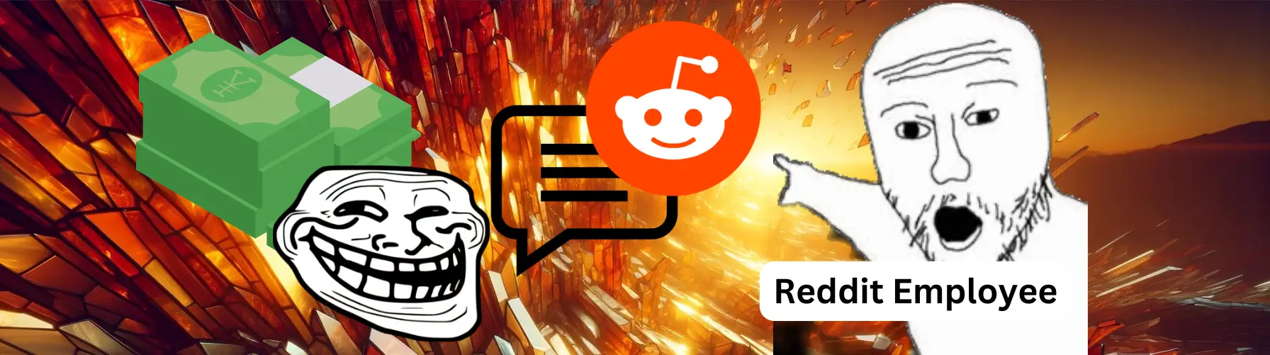 The image depicts meme characters and icons representing Reddit, money, and a comment. The background is a glass mosaic.