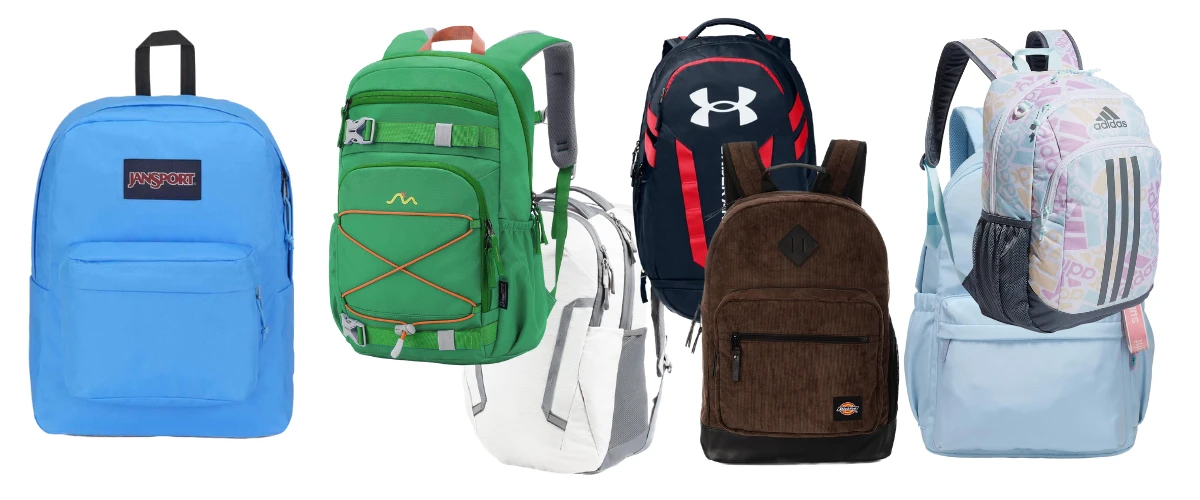 Seven different backpacks for back-to-school: a light blue JanSport backpack, a green backpack with multiple compartments and orange accents, a black and red Under Armour backpack, a brown Dickies backpack, and a light blue Adidas backpack with a multicolor design.