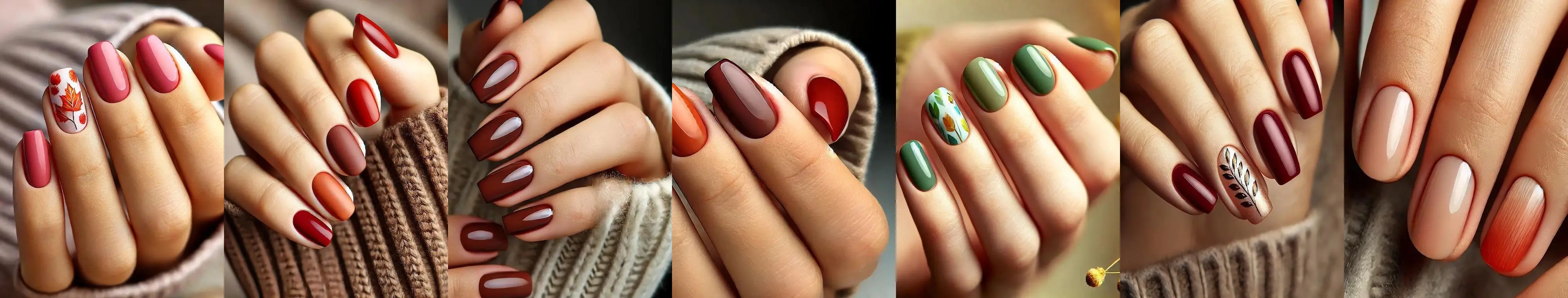 A collage of fall-themed nail designs showcasing various styles.