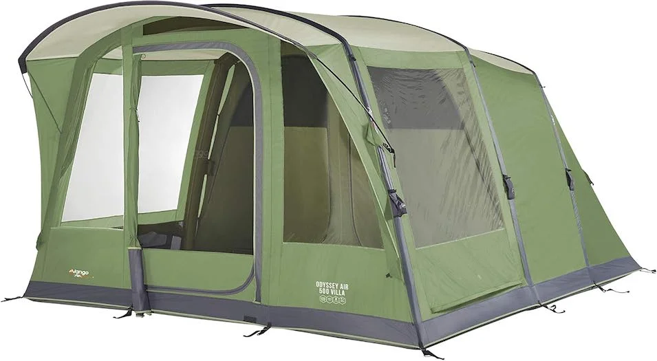 Vango Airbeam Odyssey Air 500 inflatable tent in green, showing its spacious and durable design ideal for family camping.