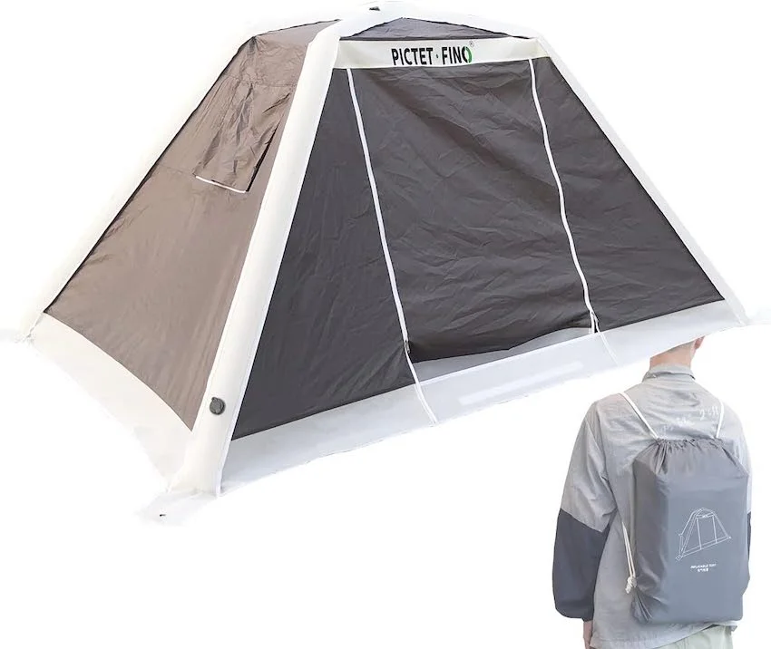 Pictet Fino ultralight inflatable tent, compact and portable, perfect for 2-3 people on outdoor adventures.