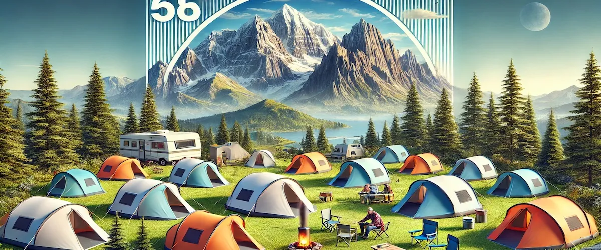 Un camping pittoresque avec plusieurs tentes gonflables modernes aux couleurs vives comme l'orange, le bleu et le vert, installées sur une herbe verte luxuriante. En arrière-plan, une magnifique chaîne de montagnes aux sommets enneigés est visible sous un ciel bleu clair. Les campeurs se détendent près des tentes, certains cuisinant sur un réchaud portable et d'autres assis sur des chaises pliantes. Un panneau près de l'une des tentes porte le texte « Quelle est la meilleure tente gonflable ? »