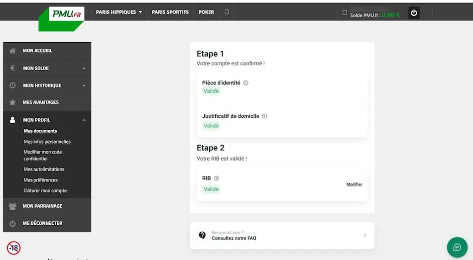 Page de vérification de compte PMU.fr avec étapes pour confirmer l'identité et valider le RIB.