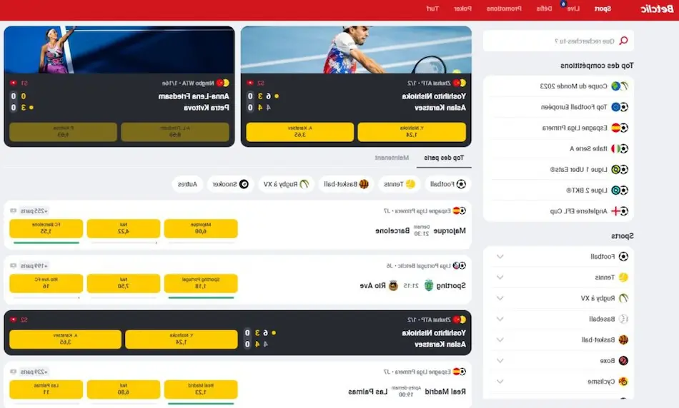 Interface de la plateforme de paris sportifs Betclic avec les scores des matchs de tennis en direct et les options de paris.