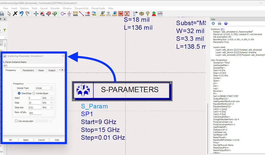 ADS schematic setup for S-parameter simulation with frequency sweep from 9 GHz to 15 GHz and simulation parameters displayed on the right.