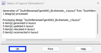 Layout generation status window in ADS showing the design processing details and the number of items generated and updated.