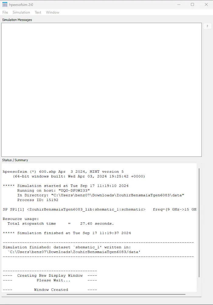 Advanced Design System (ADS) simulation messages summary window displaying the start, stop, and resource usage of the simulation process.