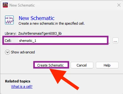 Advanced Design System (ADS) dialog box for creating a new schematic, showing the selected library and cell.