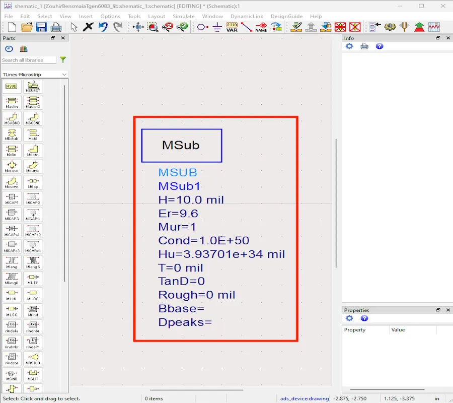 Advanced Design System (ADS) schematic design showing MSUB component with parameters such as substrate height, permittivity, and conductivity.