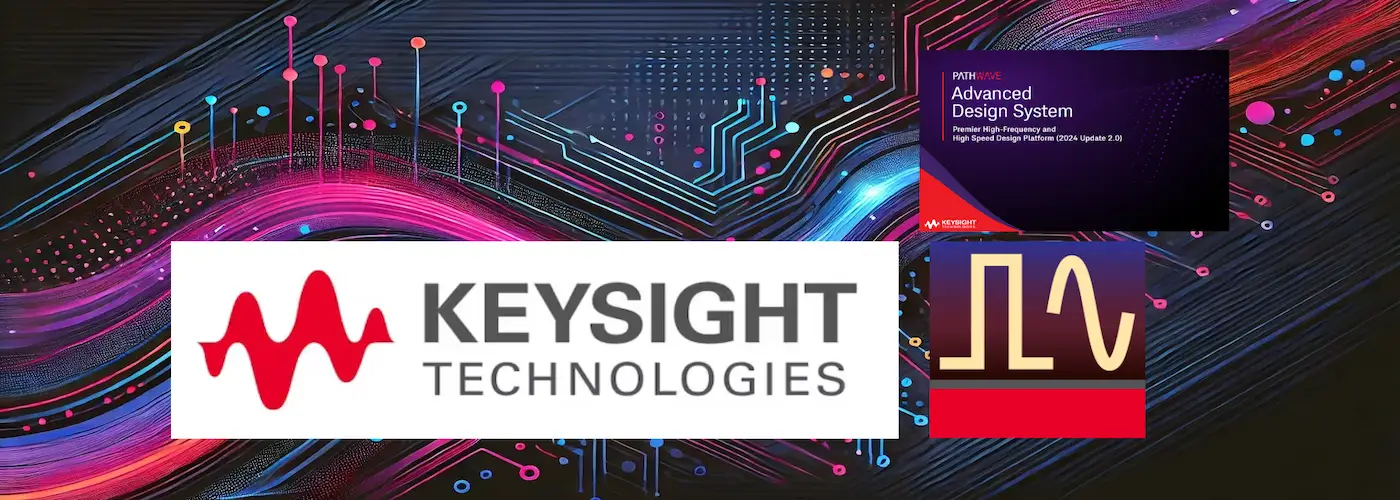 Background image featuring vivid neon circuit patterns in pink, blue, and orange on a dark backdrop. The image also includes a large Keysight Technologies logo in the center, with two smaller inserts on the right: the first displaying the Advanced Design System 2024 Update 2.0 banner and the second showing a waveform icon.