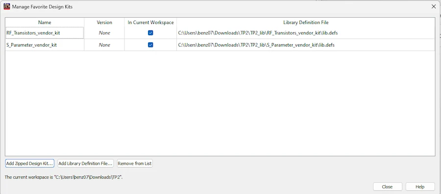 Manage Favorite Design Kits window showing RF_Transistors_vendor_kit and S_Parameter_vendor_kit loaded in ADS workspace.