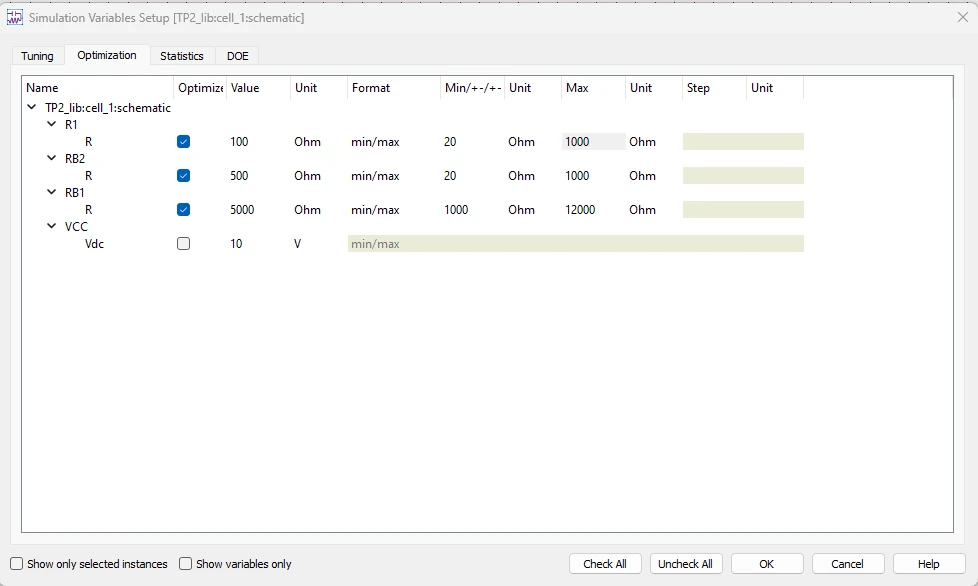 Simulation variables setup window in ADS showing adjustable resistor values for R1, RB1, and RB2 during bias point optimization.