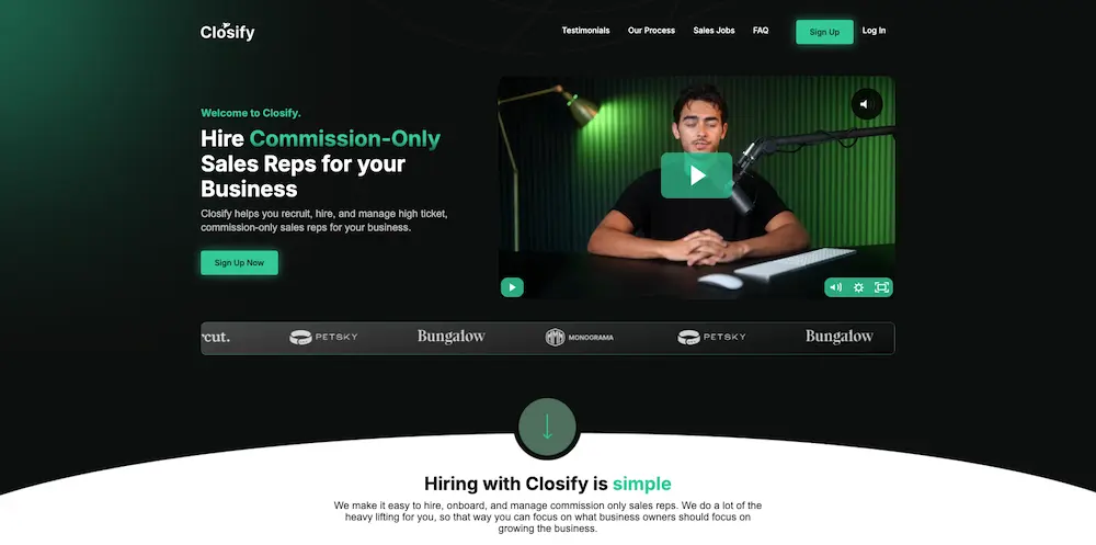 Closify homepage featuring a video introduction and call-to-action to hire commission-only sales reps for businesses.