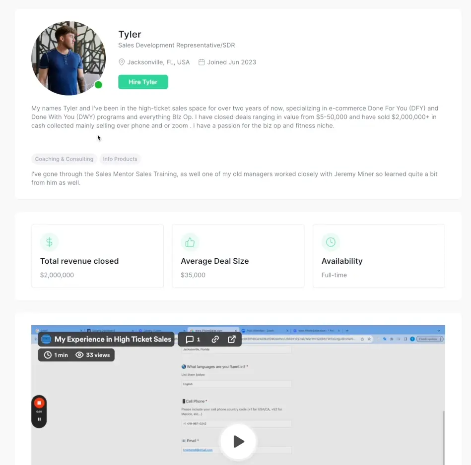 Closify profile page for a sales rep, showing total revenue closed, average deal size, and availability.