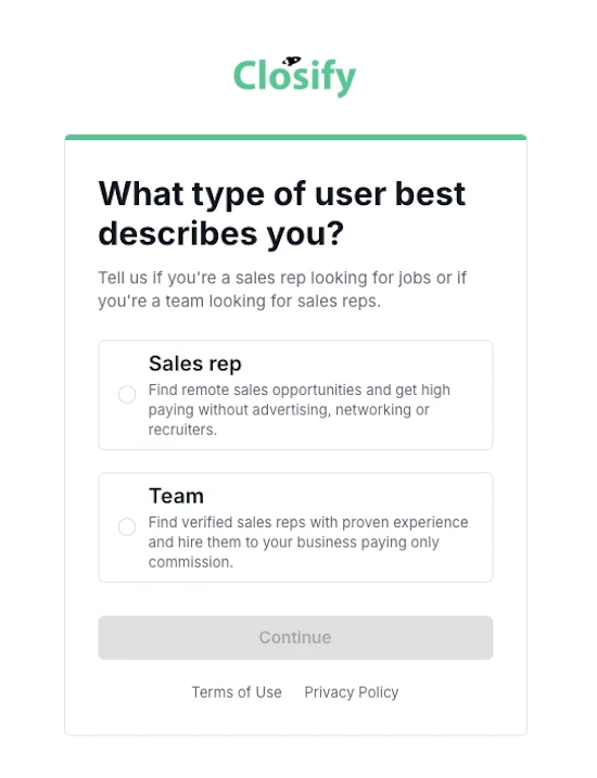 Closify signup screen asking users to choose between Sales rep or Team options.