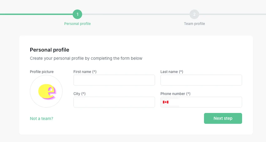 Closify personal profile setup form requiring first name, last name, city, and phone number.