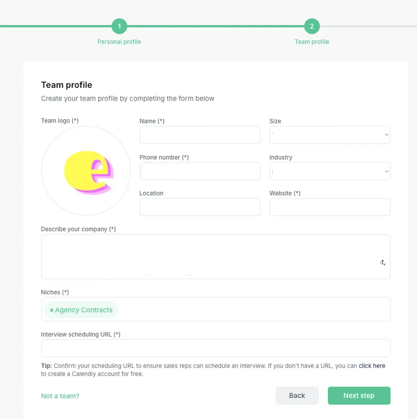 Closify team profile setup form requesting information such as team logo, name, phone number, industry, and interview scheduling URL.