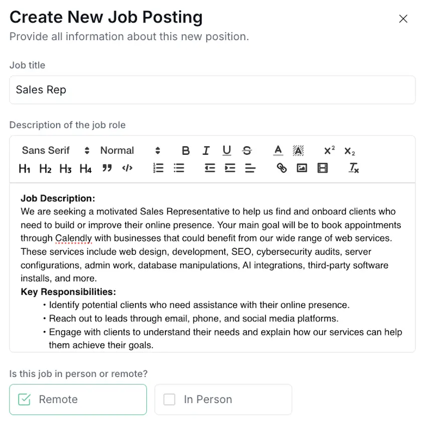 Closify new job posting form for Sales Rep, detailing job description, key responsibilities, and role type.