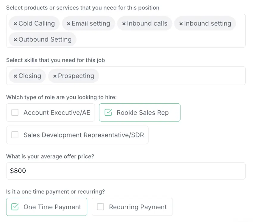 Closify job posting form section showing product needs, skills required, role type, and payment details for the Sales Rep position.