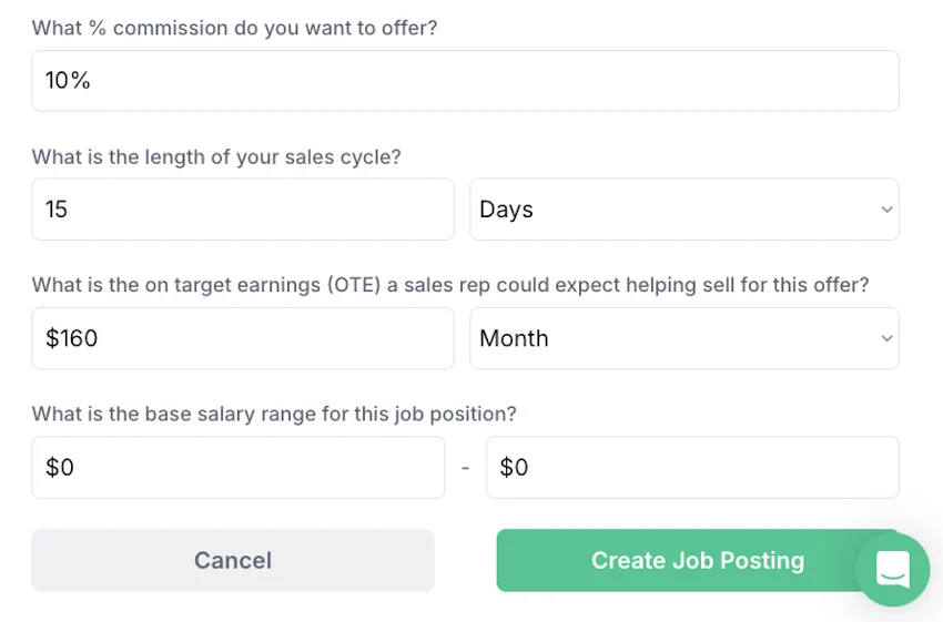 Closify job posting form showing fields for commission percentage, sales cycle length, on-target earnings (OTE), and salary range.