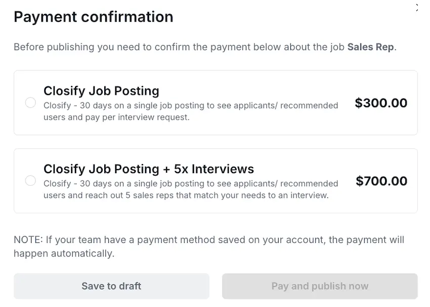 Closify payment confirmation options for Sales Rep job posting, offering a standard job posting and a package with 5x interviews.