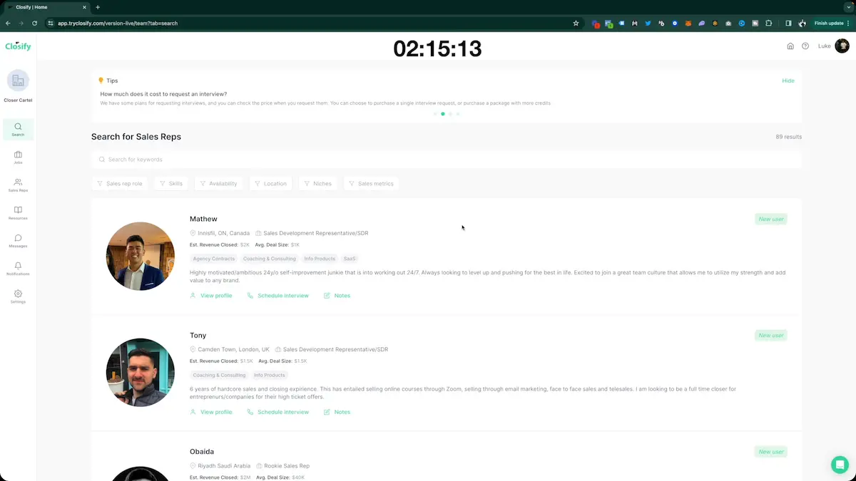 Closify search interface displaying sales reps profiles, including information like location, role, and deal size.
