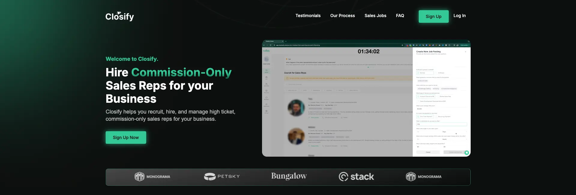 Closify homepage showcasing the platform for hiring commission-only sales reps, with options to recruit, hire, and manage salespeople for businesses. Includes a sign-up button and a glimpse of the job posting dashboard.