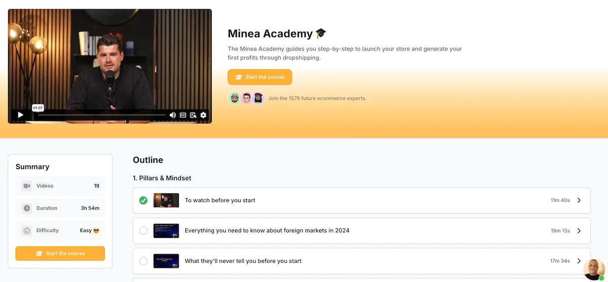 Minea Academy webpage providing tutorials on drop shipping, including steps on product search, Shopify store creation, and advertising