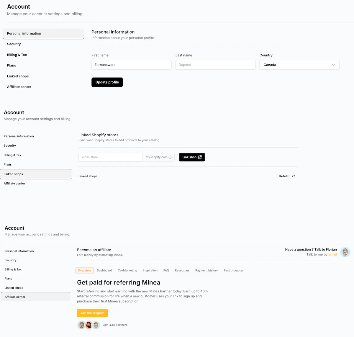 Minea User Options webpage showing detailed settings for personal data, billing, and linking Shopify stores