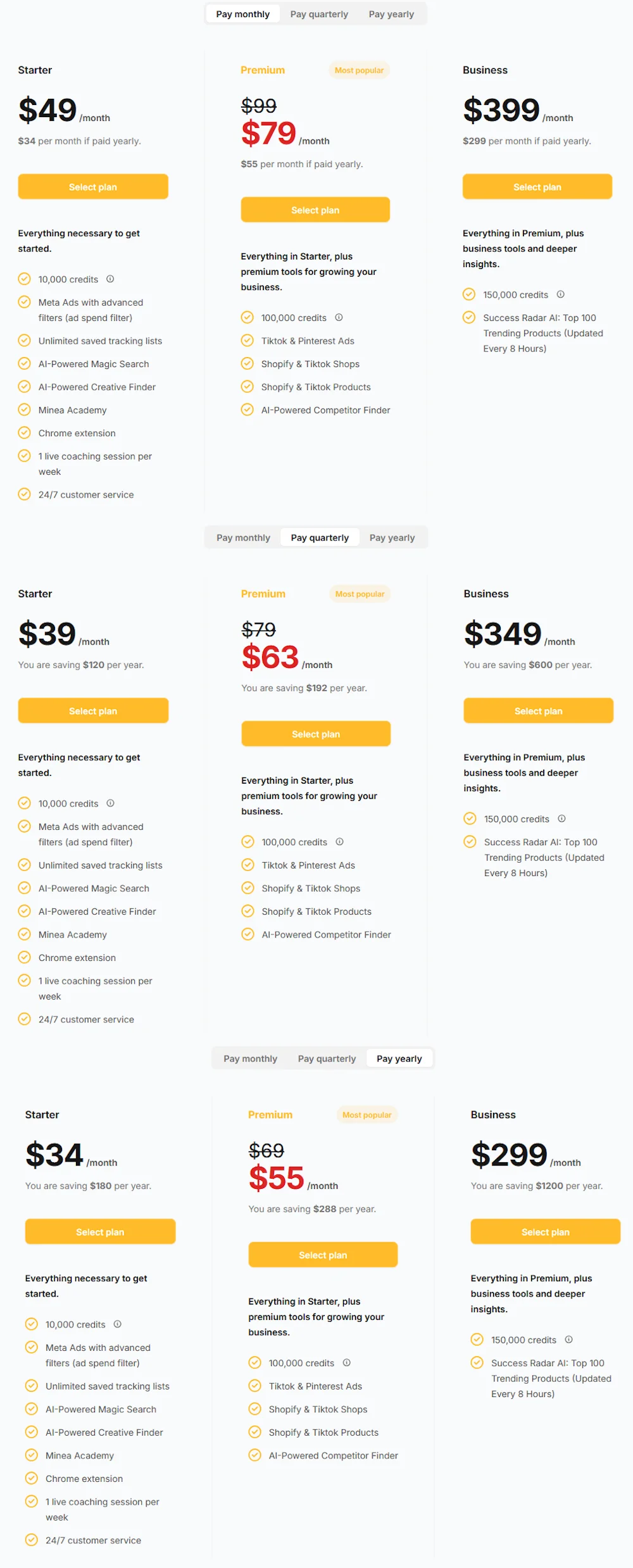 Minea Pricing webpage displaying subscription plans and features available at each pricing tier