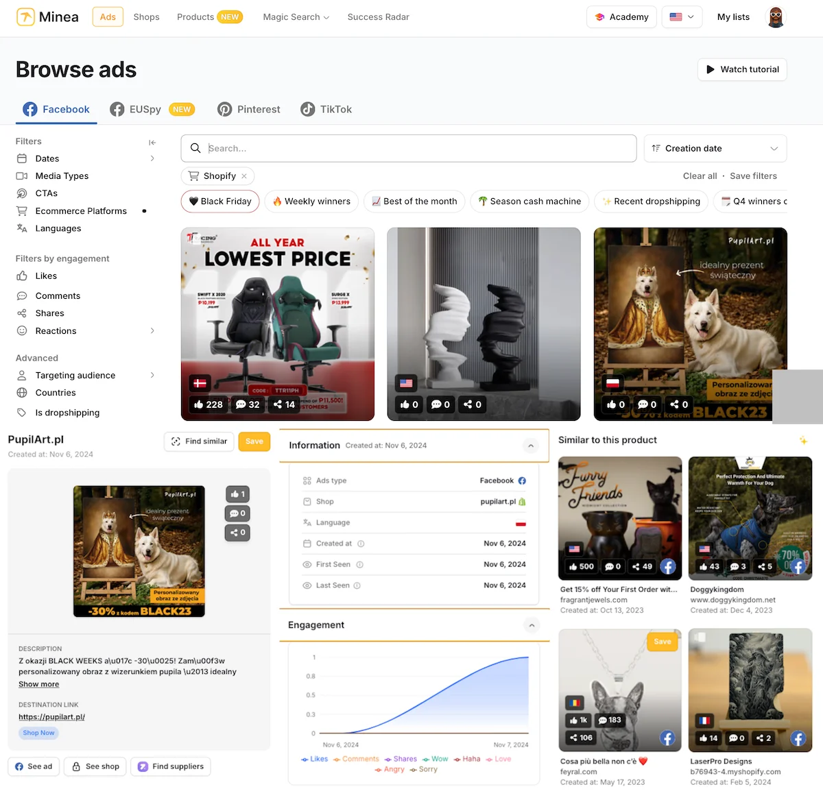 Minea Ads feature webpage displaying relevant ads from platforms like Facebook, Pinterest, and TikTok