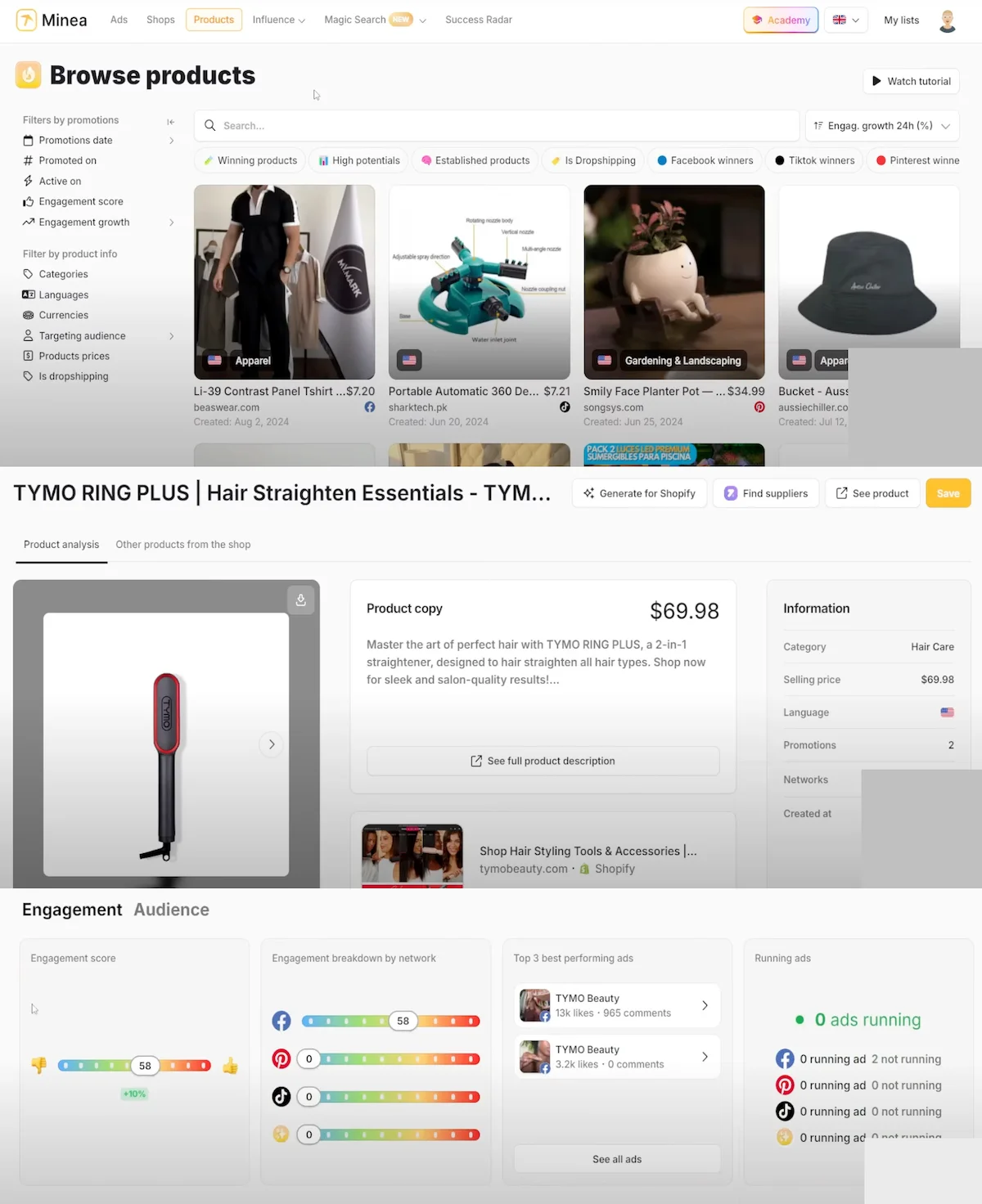 Minea Products feature webpage showcasing product data, including prices, descriptions, engagement metrics, and product links