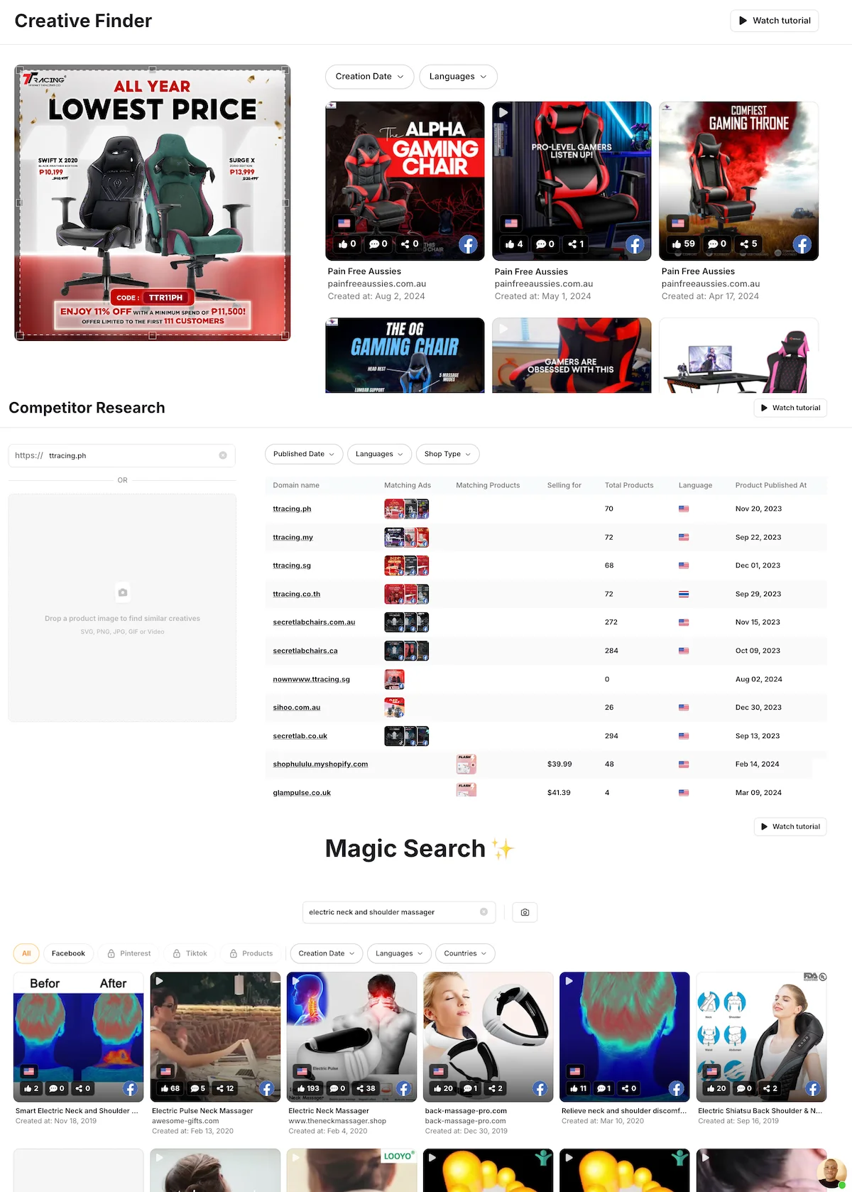 Minea Creative Finder, Competitor Research, and Magic Search features webpage with tools to search and analyze ads and products