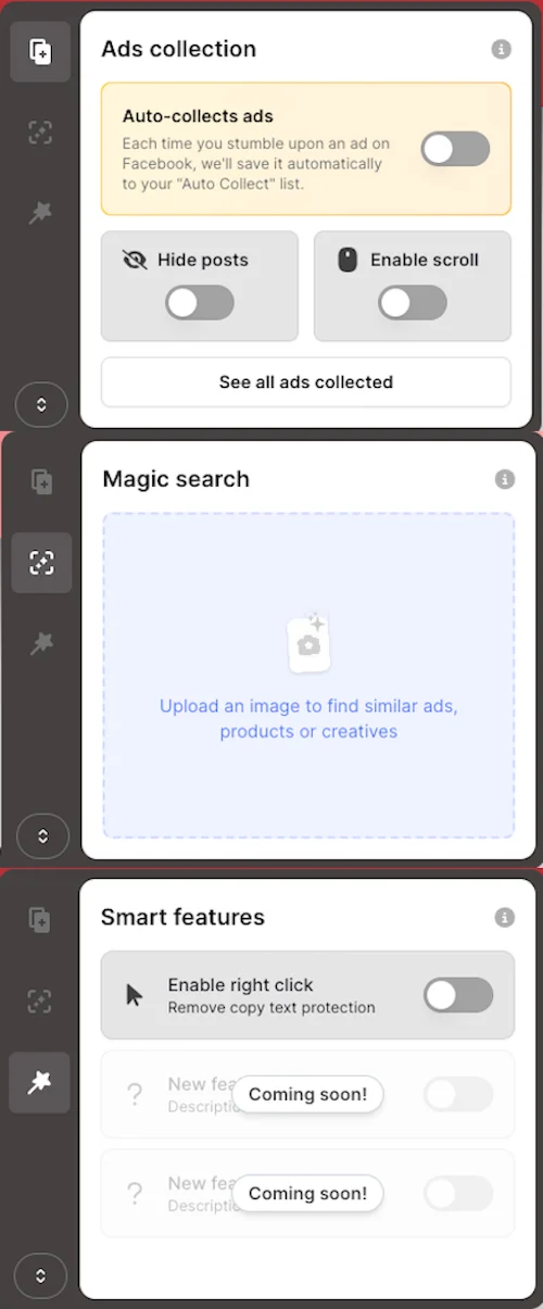 Minea Chrome extension user interface displaying features like ads collection, magic image search, and competitor page copying