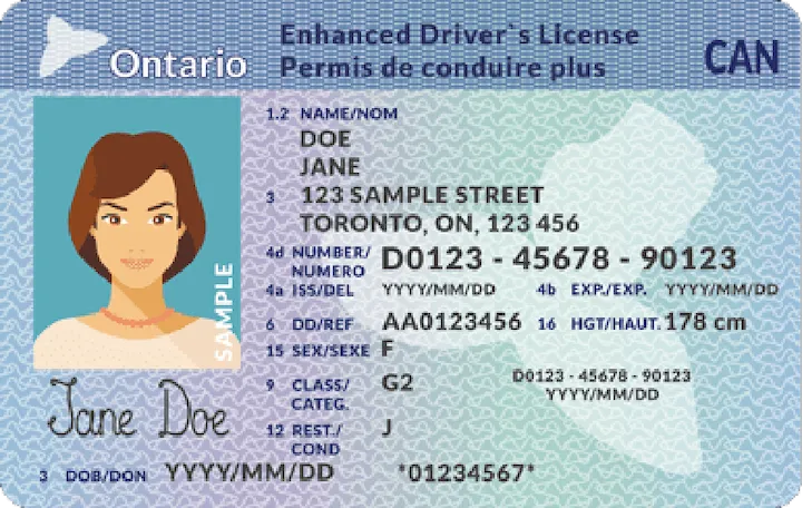 Example of an Ontario G1 driver's license showing mock information and learner's permit details.