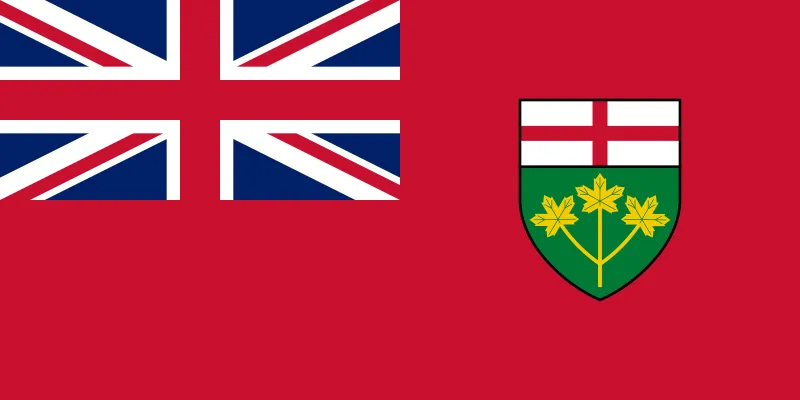 The Ontario flag featuring the Union Jack and the Ontario coat of arms.