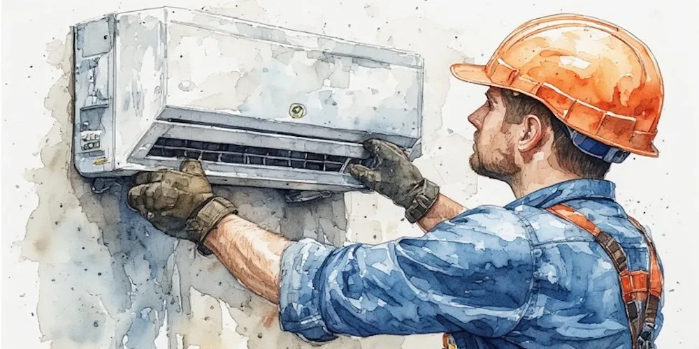 Technicien HVAC installant une thermopompe murale à Gatineau, avec outils professionnels et système de chauffage moderne en arrière-plan, représentant le meilleur service de climatisation et chauffage dans l'Outaouais

