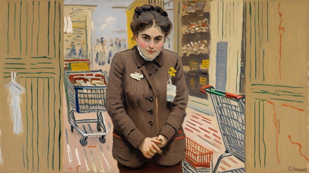 A Monet-style painting or illustration of a woman manager working in retail, used to visually conceptualize the idea of a cheapskate.