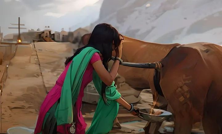 Hindu Indian woman wearing traditional apparel, collecting cow urine (Gomutra) from a cow’s genitals into a steel container.