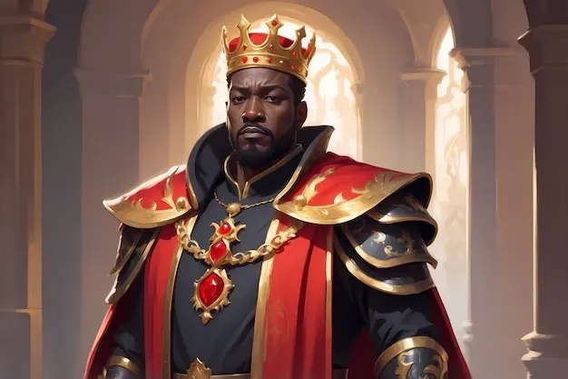 A cartoon image of a man of African descent dressed in elaborate European king's attire.