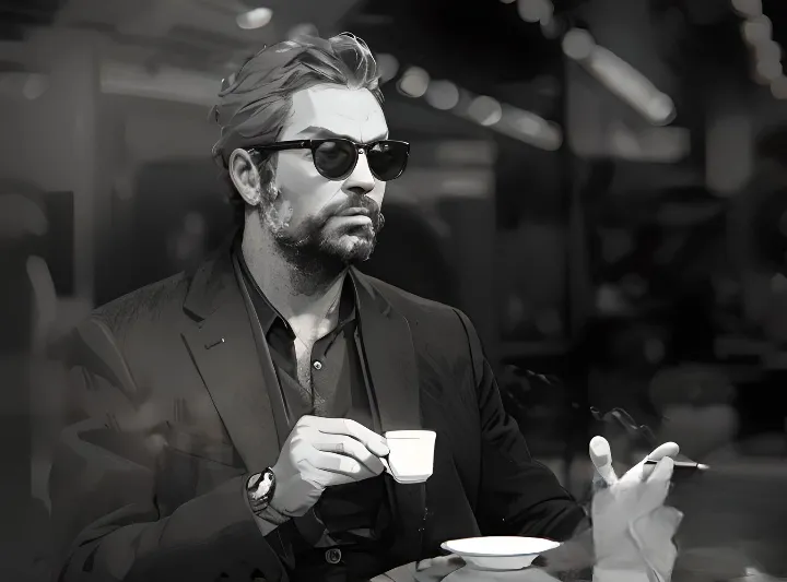 A confident man wearing sunglasses, smoking and sipping coffee at a café terrace, exuding charisma and charm, embodying the essence of 'rizz' in a relaxed social setting.