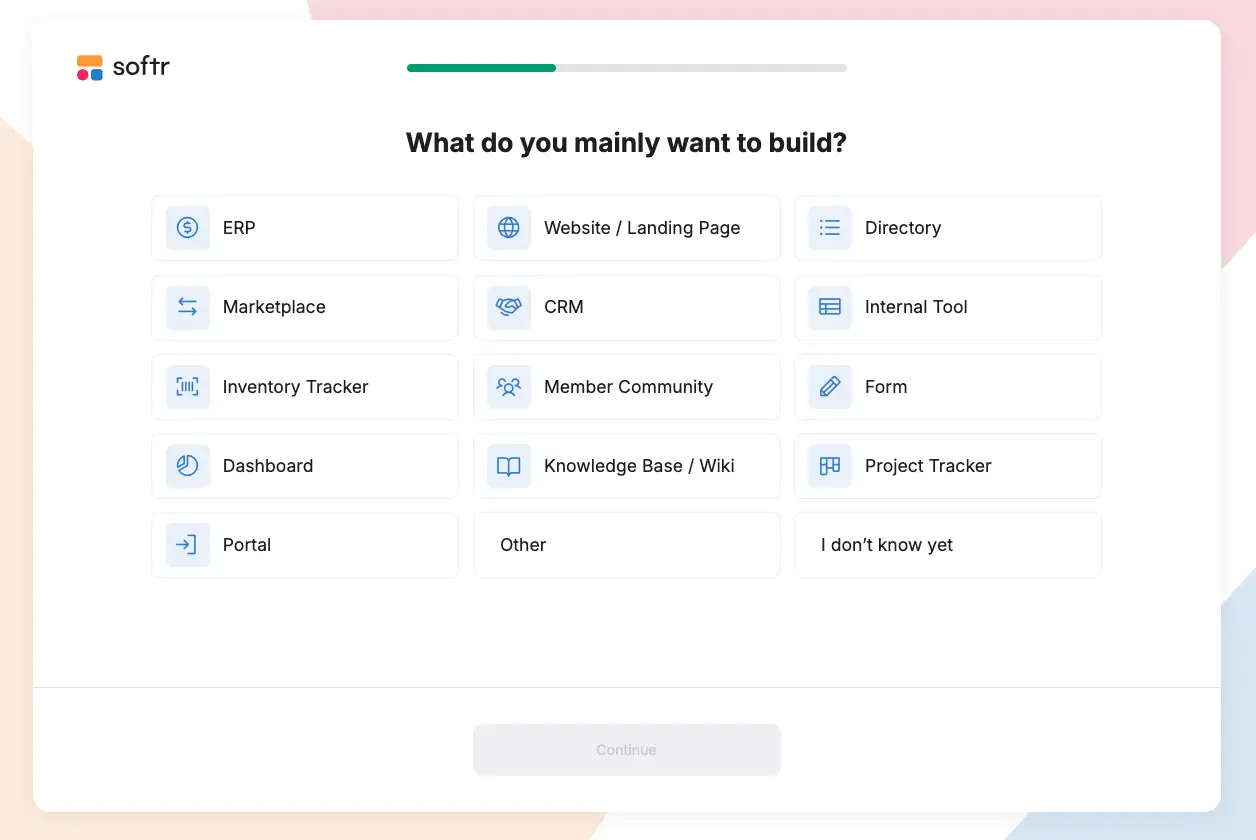 Softr platform first signup question asking 'What do you mainly want to build?'