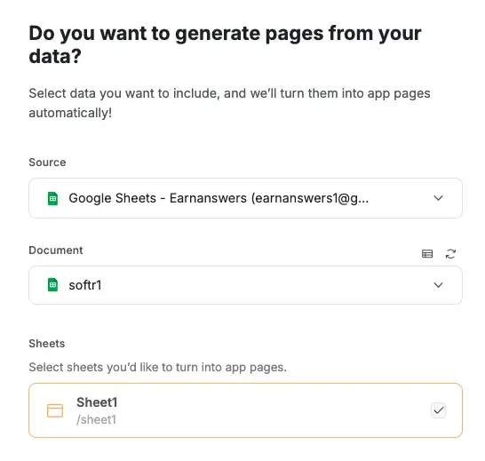 Softr platform showing options of which Google Sheet to import screenshot to generate page #3